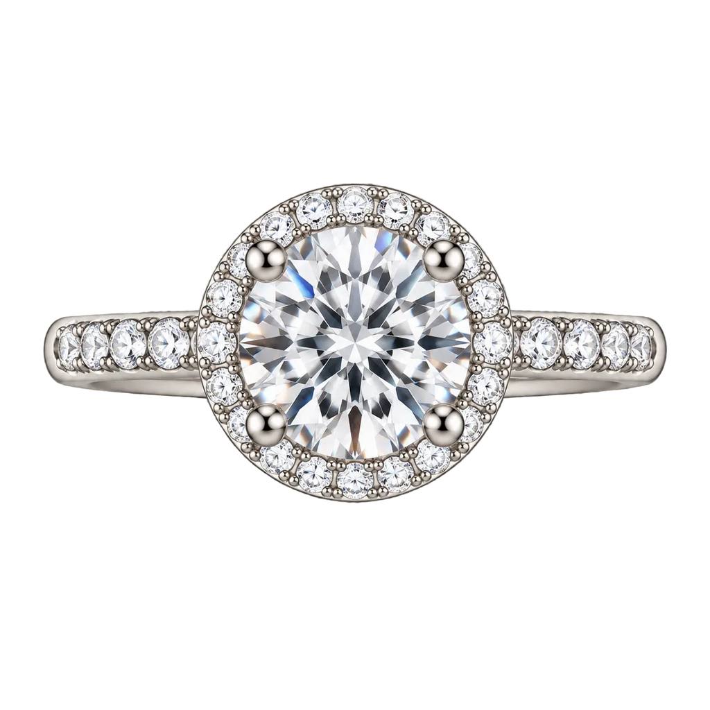 The Halo sterling silver moissanite ring, front view on black — round centre stone with pavé halo and shoulders