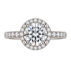 The Halo sterling silver moissanite ring, front view on black — round centre stone with pavé halo and shoulders