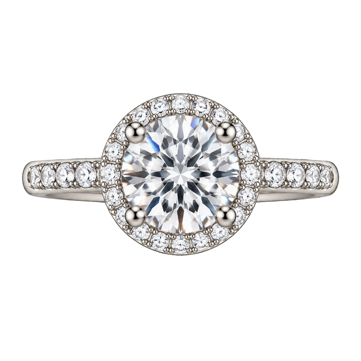 The Halo sterling silver moissanite ring, front view on black — round centre stone with pavé halo and shoulders
