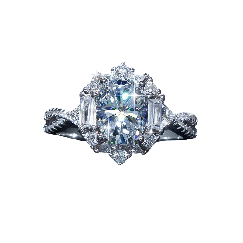 2 ct oval moissanite halo ring in S925 sterling silver, front view