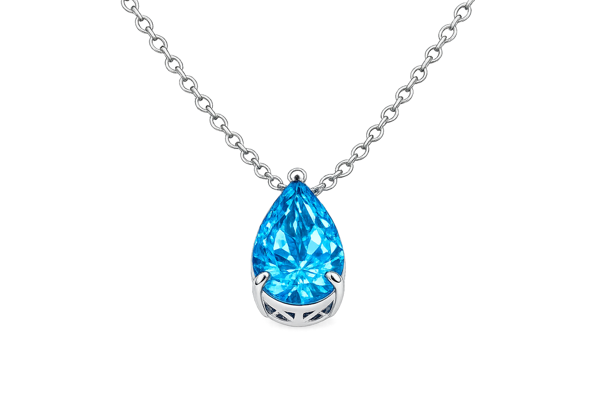 Silver-tone necklace with bright blue pear-cut cubic zirconia pendant