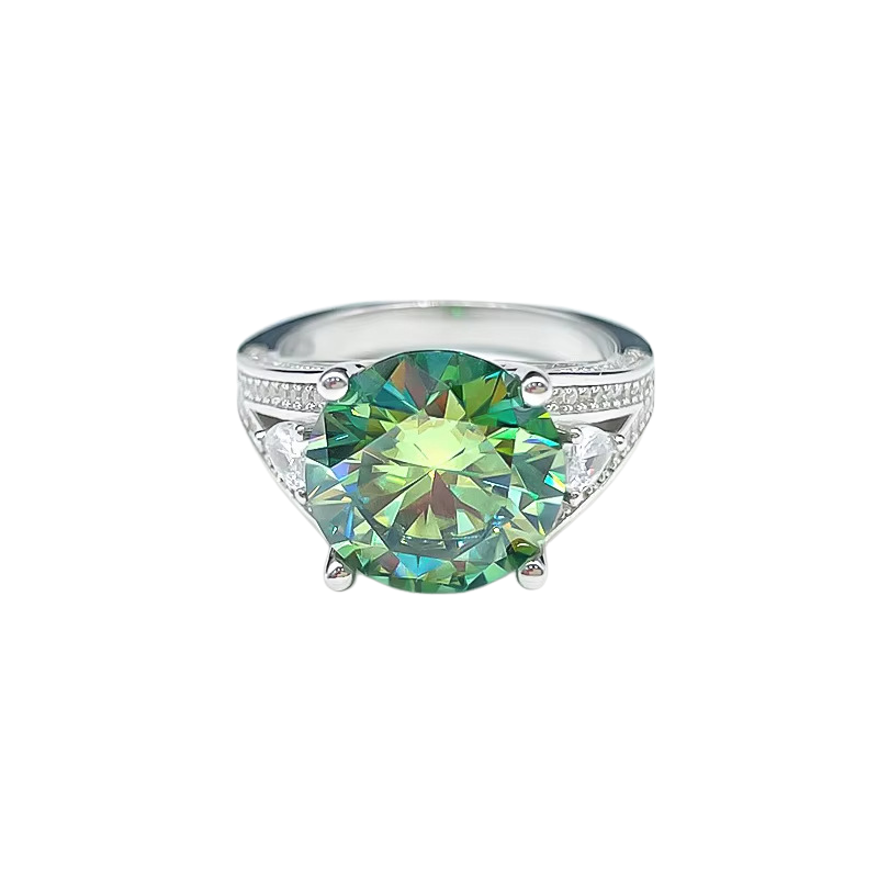Emerald green moissanite sterling silver ring with pavé shoulders