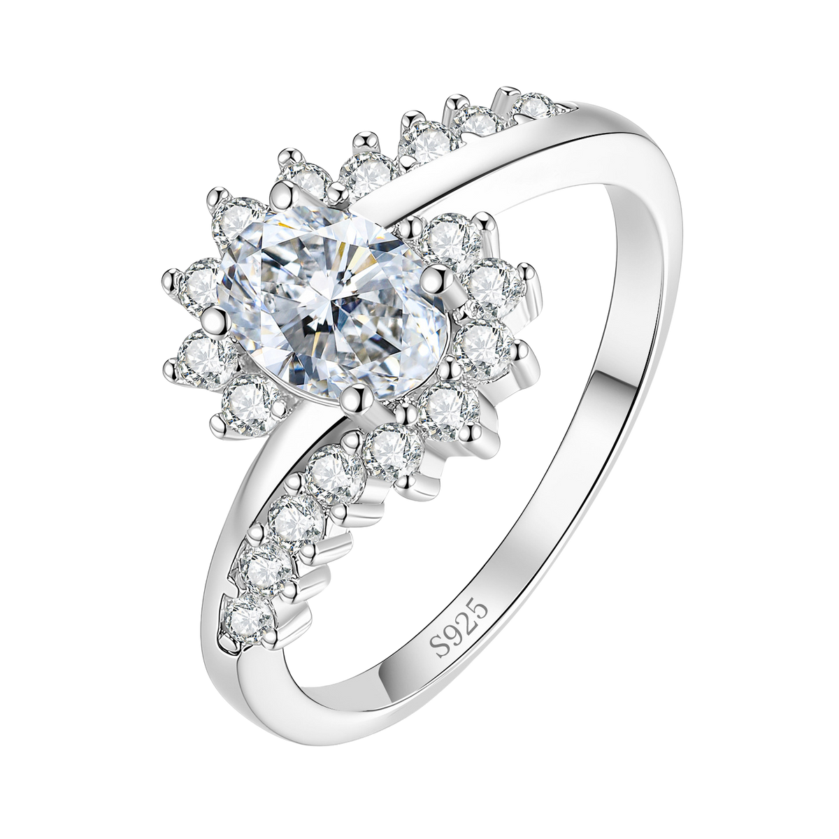 The Sunburst sterling silver moissanite ring on white — oval centre stone, radiating stones, crossover band stamped S925