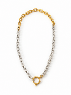 Two-tone stainless steel chain necklace with a PVD gold circle clasp