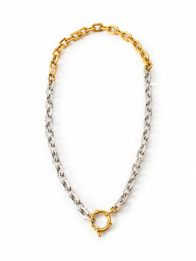 Two-tone stainless steel chain necklace with a PVD gold circle clasp