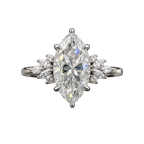 Marquise-cut moissanite ring in sterling silver with accent stones on each shoulder, front view on black