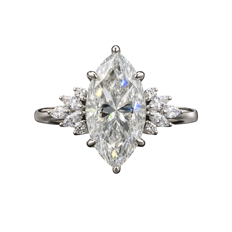 Marquise-cut moissanite ring in sterling silver with accent stones on each shoulder, front view on black