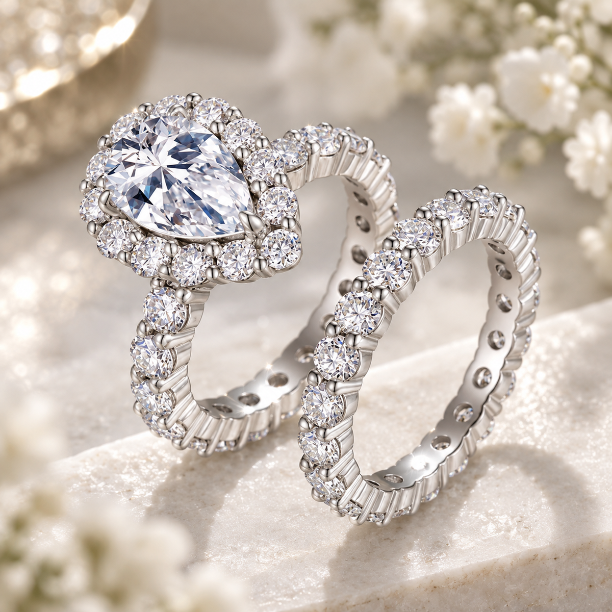 The Pear Halo Set — Sterling Silver Moissanite 2-Ring Set