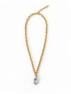 Two-tone necklace with gold-tone chain and silver-tone link pendant on white