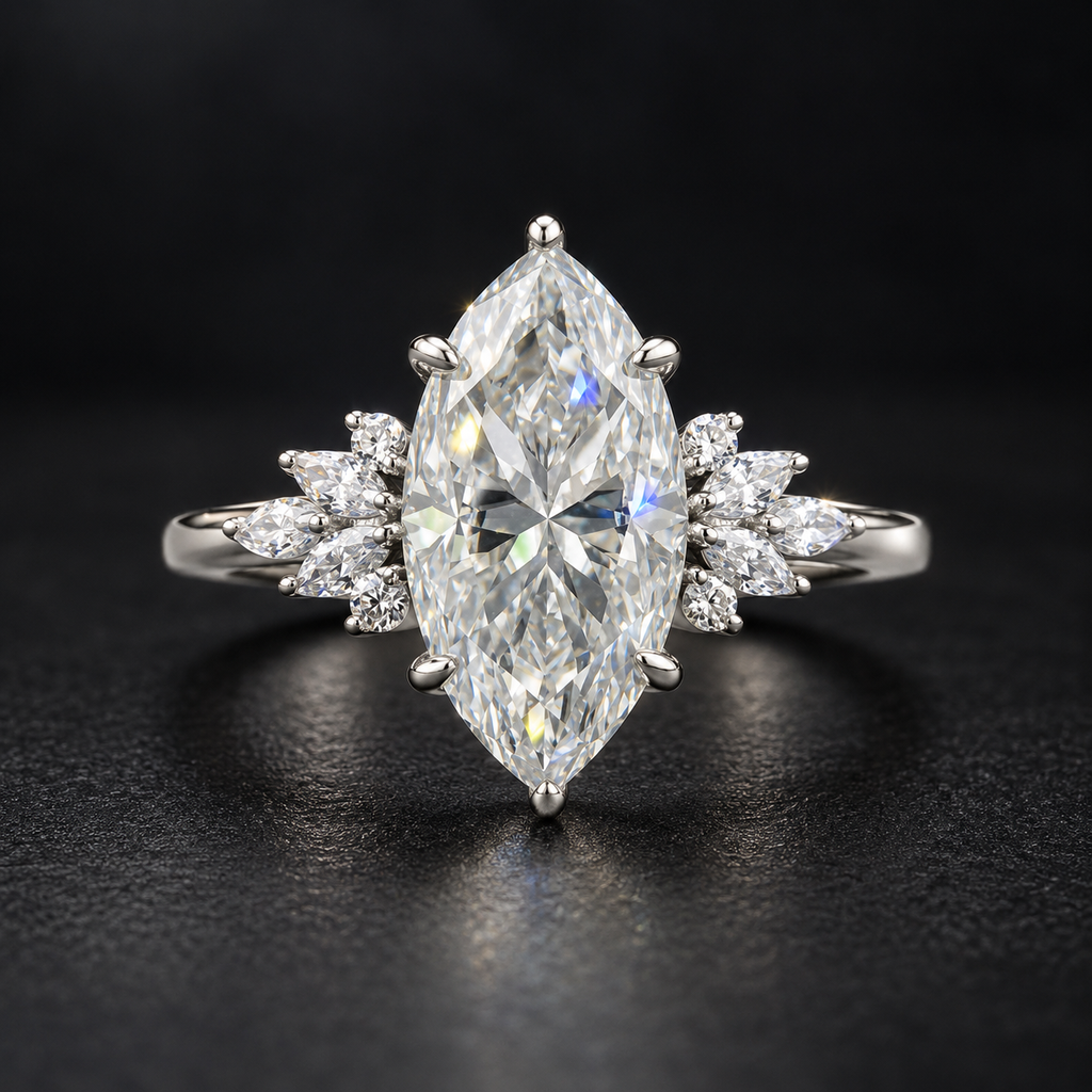 The Marquise sterling silver moissanite ring standing on a dark surface, 7 × 14 mm centre stone