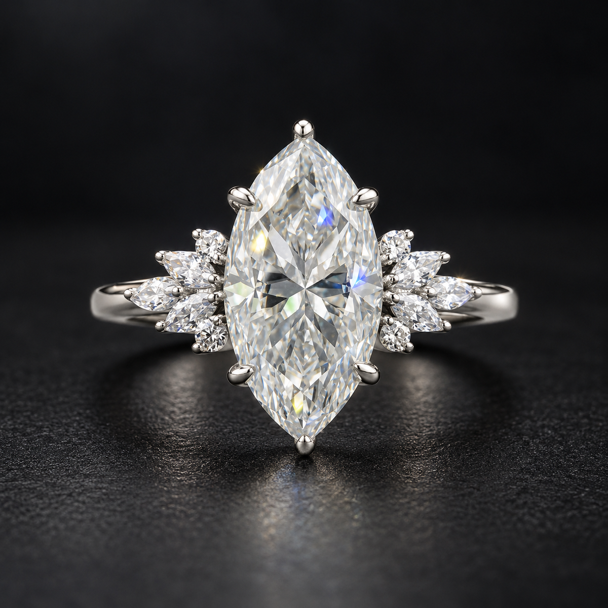 The Marquise sterling silver moissanite ring standing on a dark surface, 7 × 14 mm centre stone