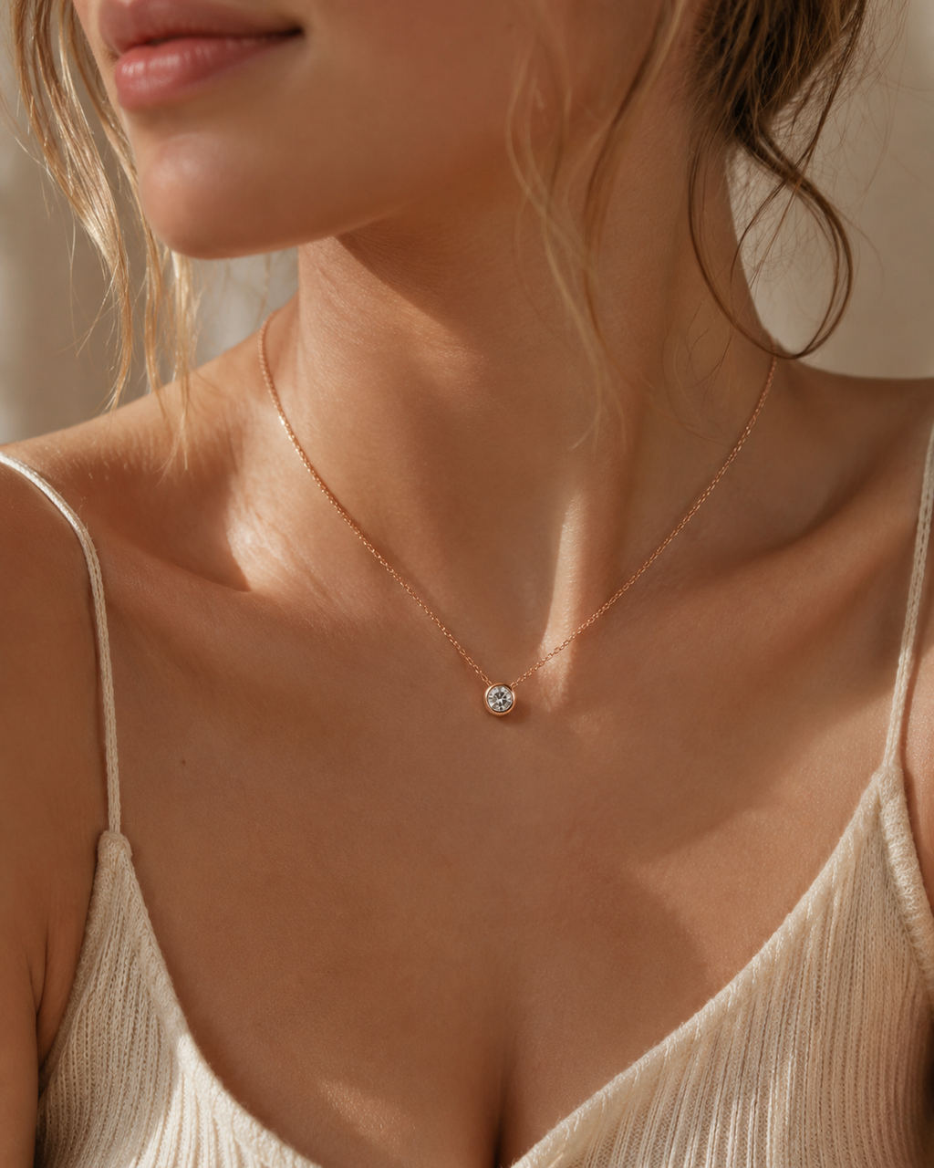 Rose-gold-tone round bezel necklace worn at the collarbone