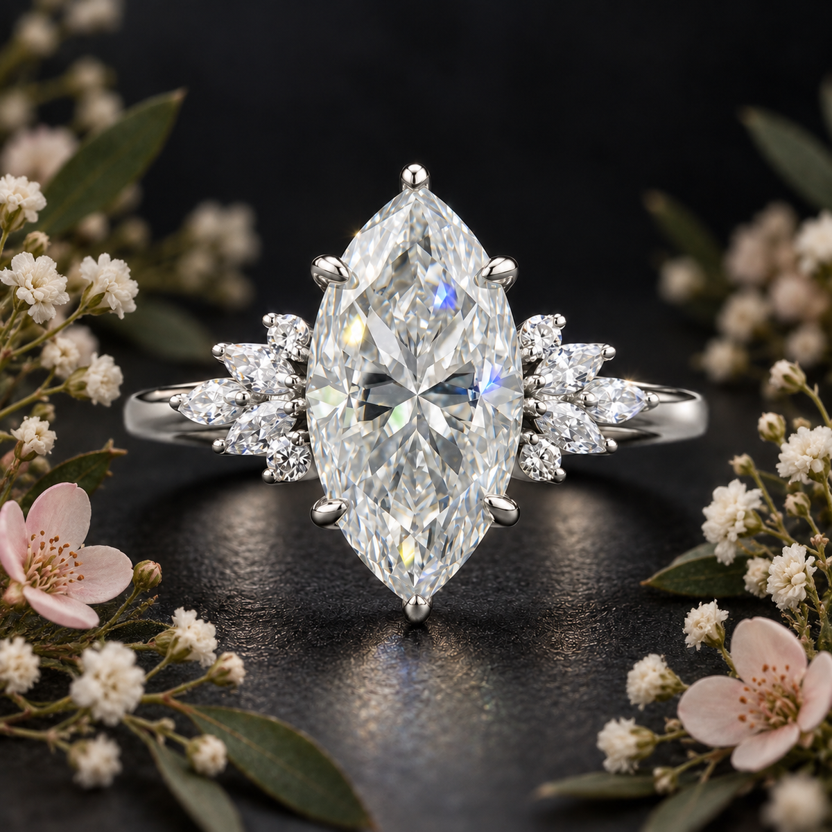The Marquise sterling silver moissanite ring standing on a dark surface, 7 × 14 mm centre stone