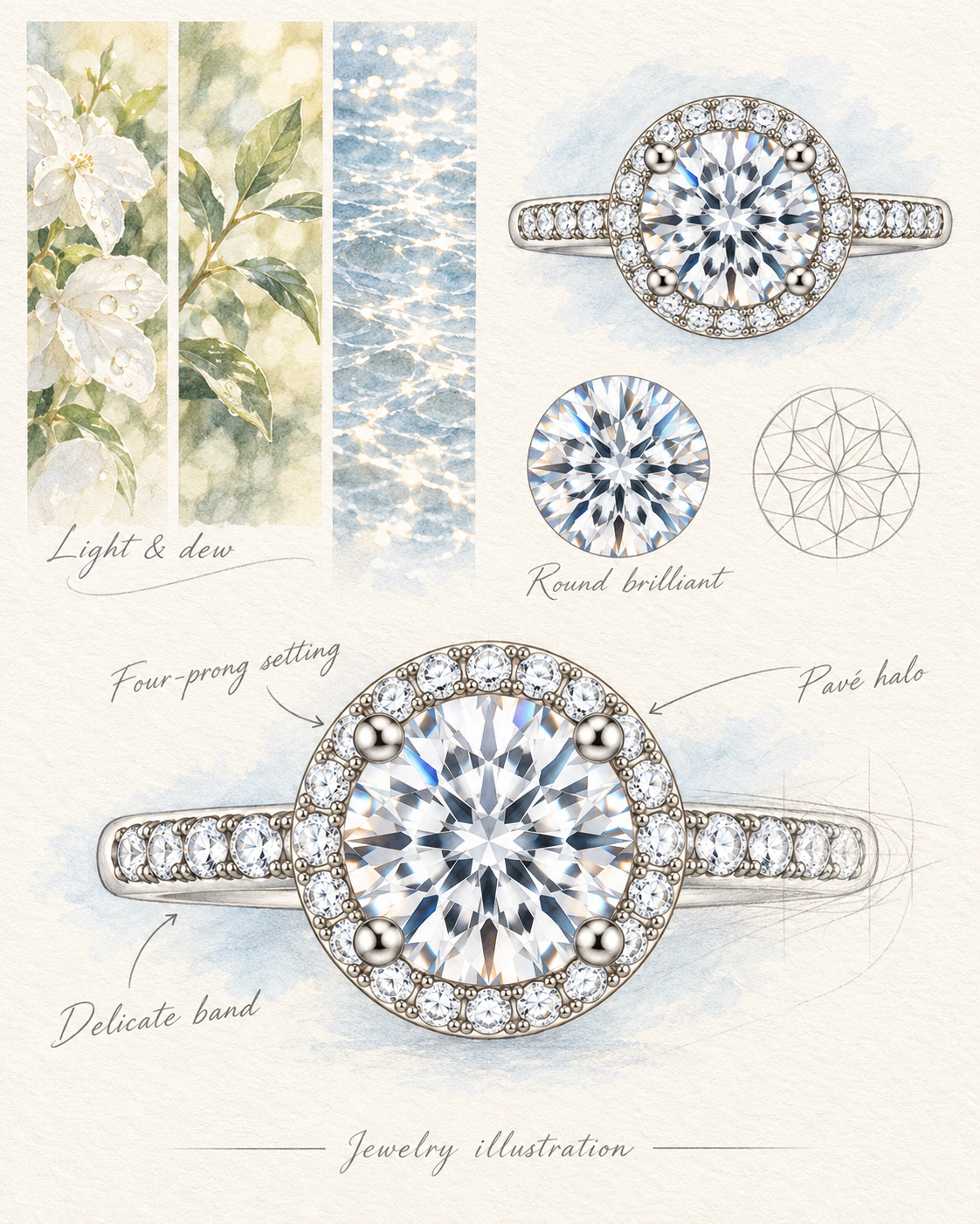 Illustrated guide to The Halo ring — round brilliant moissanite, four-prong setting, pavé halo, delicate band