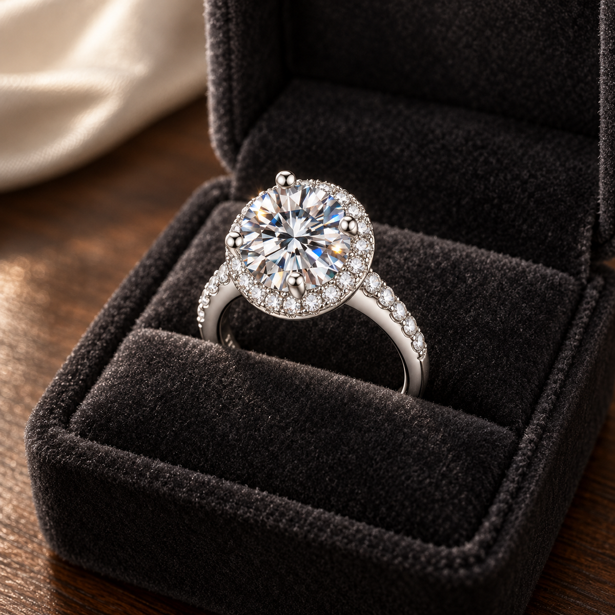 Sterling silver moissanite halo ring standing in a dark velvet ring box