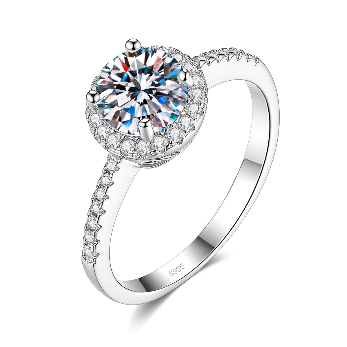 Sterling silver moissanite halo ring on white, round centre stone with pavé halo and shoulders