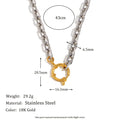 Two-tone circle-clasp necklace with product dimensions and weight