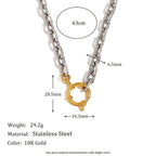 Two-tone circle-clasp necklace with product dimensions and weight