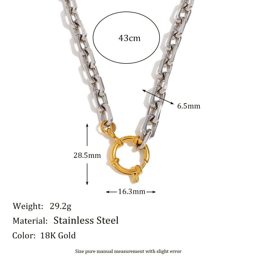 Two-tone circle-clasp necklace with product dimensions and weight