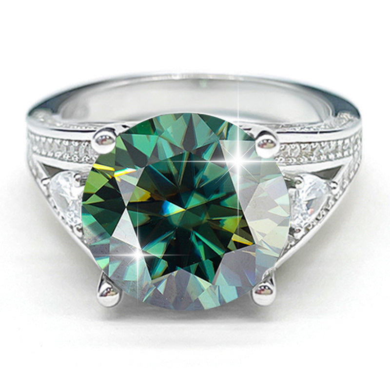 Emerald green 5 ct round-cut moissanite sterling silver ring