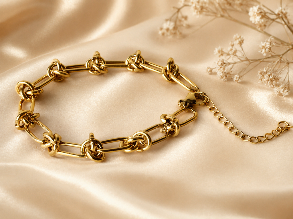 Gold-tone Knot Link bracelet displayed on satin with dried flowers
